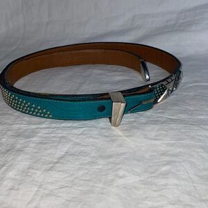 APPLE ACC OF NY Turquoise Leather Belt with Silver Studs and Accents